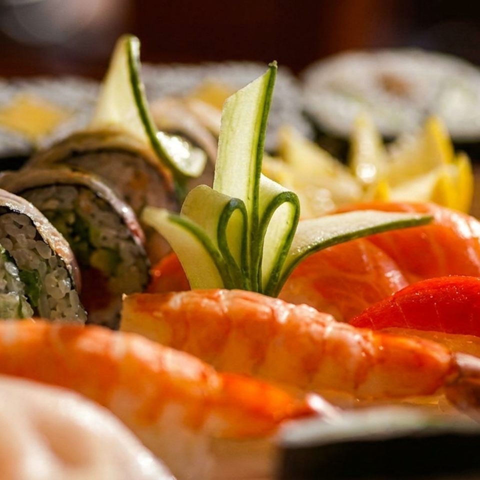 Close-up platter of assorted sushi rolls, shrimp, salmon, tuna, and decorative cucumber garnish.